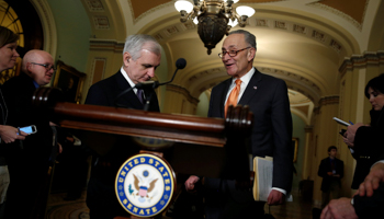 Senator Jack Reed, D-RI, and Senate Minority Leader Chuck Schumer, D-NY, on Capitol Hill in Washington (Reuters/Joshua Roberts)