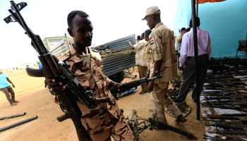 Rapid Support Forces display disarmed weapons ahead of President Omar al-Bashir’s visit to Darfur, September 23, 2017 (Reuters/Mohamed Nureldin Abdallah)