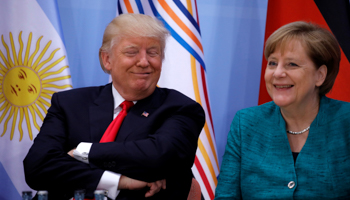 German Chancellor Angela Merkel and US President Donald Trump during the G20 leaders summit in Hamburg, Germany July 8, 2017 (Reuters/Carlos Barria)