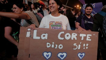 People celebrating the Inter-American Court ruling with a sign reading "The Court said yes!!" (Reuters/Juan Carlos Ulate)