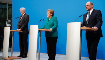 German Chancellor Angela Merkel, Christian Social Union leader Horst Seehofer and Social Democratic Party leader Martin Schulz in Berlin, Germany (Reuters/Hannibal Hanschke)