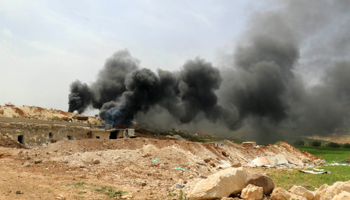 An emergency service point after an airstrike at the rebel-held village of Maar Zita in Idlib province, Syria April 27, 2017 (Reuters/Ammar Abdullah)