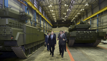 Russian President Vladimir Putin inspects the latest-generation Armata armoured vehicles at the Uralvagonzavod factory (Reuters/Alexei Nikolskyi/Sputnik/Kremlin)