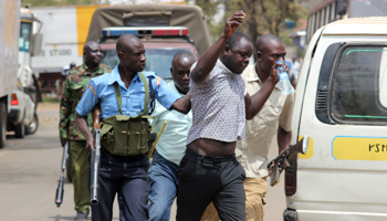 Police detain people protesting the arrest of opposition leader Miguna Miguna, February 6 (Reuters/James Keyi)