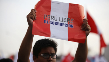 A protester carries a Peruvian flag reading "Peru free of corruption" (Reuters/Guadalupe Pardo)