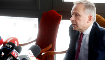 The governor of Latvia's central bank, Ilmars Rimsevics, at a news conference in Riga (Reuters/Ints Kalnins)