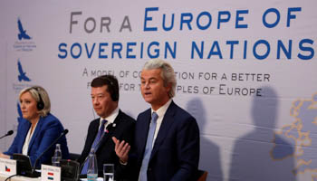 Marine Le Pen, head of France's National Front party, Tomio Okamura, leader of the Czech Freedom and Direct Democracy party, and Dutch politician Geert Wilders at a European far-right leaders meeting in 2017. (Reuters/David W Cerny)