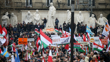 Fidesz supporters gather during Hungary's National Day, the anniversary of the 1848 revolt against the Hapsburgs, Budapest (Reuters/Marko Djurica)