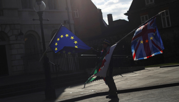 An anti-Brexit demonstrator waves EU, Union and Welsh flags opposite the Houses of Parliament in London (Reuters/Hannah McKay)