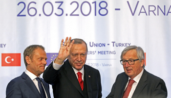 European Council President Donald Tusk, Turkish President Tayyip Erdogan and European Commission President Jean-Claude Juncker at a news conference in Varna, Bulgaria, March 26 (Reuters/Stoyan Nenov)