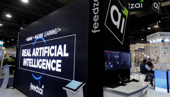 Feedzai, a fraud detection system incorporating machine learning, is displayed during a conference in Las Vegas in October 2017 (Reuters/Steve Marcus)