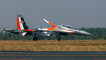 A Russian-made Sukhoi Su-30 fighter in Indian air force colours (Reuters/Vijay Mathur)