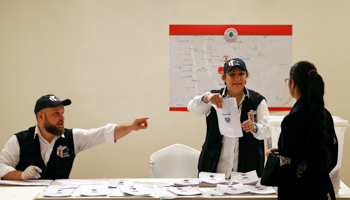 A Lebanese expat casts her vote at the Lebanese Embassy in Riyadh, Saudi Arabia, April 27 (Reuters/Faisal al)