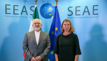 Iranian Foreign Minister Mohammad Javad Zarif and EU Foreign Policy Chief Federica Mogherini, April 25, 2018 (Reuters/Stephanie Lecocq)