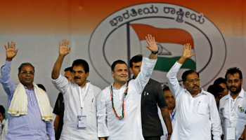 Party President Rahul Gandhi leading a Congress rally in Karnataka (Reuters/Abhishek N Chinnappa)