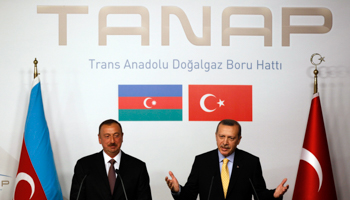 Azerbaijani President Ilham Aliyev, left, with Recep Tayyip Erdogan, then prime minister and now president of Turkey, 2012 (Reuters/Murad Sezer)