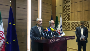 Iran's nuclear chief Ali Akbar Salehi speaks during a joint press conference with European Commissioner for Energy and Climate, Miguel Arias Canete, in Tehran, Iran, May 19, 2018 (Reuters/Alissa de Carbonnel)