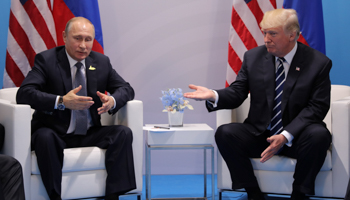 Russian President Vladimir Putin and US President Donald Trump at the G20 summit in Hamburg, Germany, July 2017 (Reuters/Carlos Barria)
