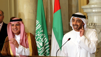 Saudi Foreign Minister Adel al-Jubeir and UAE Foreign Minister Abdullah bin Zayed al-Nahyan attend a press conference (Reuters/Khaled Elfiqi)