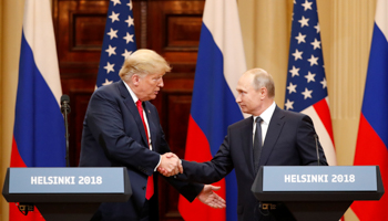 US President Donald Trump and Russian President Vladimir Putin at the joint news conference in Helsinki, Finland, July 16 (Reuters/Grigory Dukor)