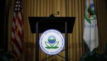 An empty podium awaits the arrival of US Environmental Protection Agency (EPA) Acting Administrator Andrew Wheeler to address staff at EPA headquarters in Washington, July 11, 2018 (Reuters/Ting Shen)