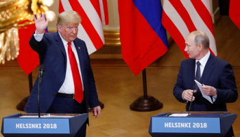 US President Donald Trump and Russian President Vladimir Putin at the end of the joint news conference in Helsinki (Reuters/Leonhard Foeger)