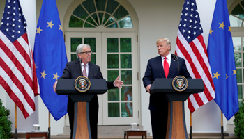 US President Donald Trump and President of the European Commission Jean-Claude Juncker speak about trade relations in the Rose Garden of the White House, July 25 (Reuters/Joshua Roberts)