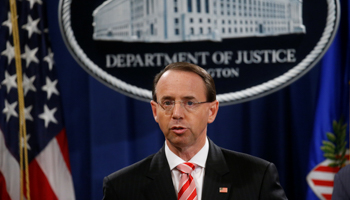 Deputy Attorney General Rod Rosenstein announces grand jury indictments of 12 Russian intelligence officers (Reuters/Leah Millis)