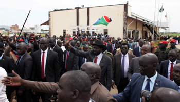 President Salva Kiir returns to Juba following peace talks with Riek Machar, July 9, 2018 (Reuters/Andreea Campeanu)