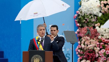 President Ivan Duque making his inauguration speech yesterday (Reuters/Carlos Garcia Rawlins)