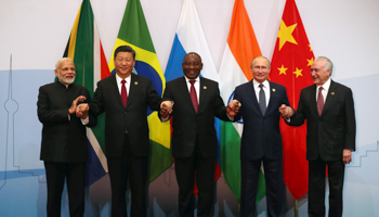 President Cyril Ramaphosa (centre) poses with other BRICS leaders at its July 2018 summit in Johannesburg (Reuters/Mike Hutchings)
