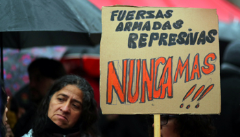 A protester holding a sign saying "Repressive armed forces: Never Again" (Reuters/Marcos Brindicci)