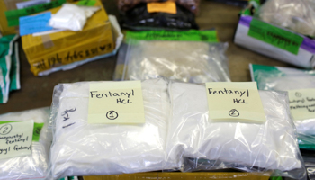 Plastic bags of Fentanyl are displayed on a table at the US Customs and Border Protection (Reuters/Joshua Lott)
