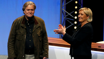 Marine Le Pen, National Rally leader, and Former White House Chief Strategist Steve Bannon (Reuters/Pascal Rossignol)