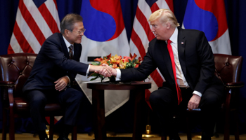 US President Donald Trump and South Korean President Moon Jae-in on the sidelines of the 73rd United Nations General Assembly in New York, September 24 (Reuters/Carlos Barria)