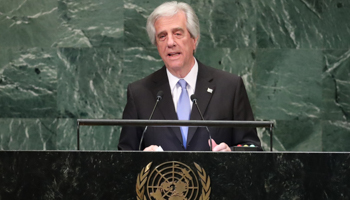 President Tabare Vazquez speaking at the UN General Assembly in New York (Reuters/Carlo Allegri)