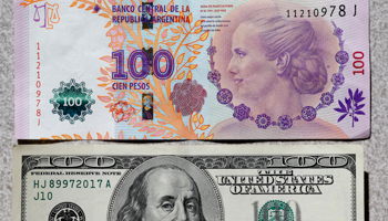 A 100-peso note together with a 100-dollar bill (Reuters/Enrique Marcarian)