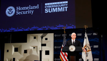 US Vice President Mike Pence addresses the Department of Homeland Security's Cybersecurity Summit in Manhattan, New York, July 31, 2018 (Reuters/Eduardo Munoz)