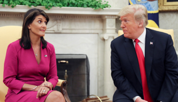 US President Donald Trump and UN Ambassador Nikki Haley in the Oval Office, announcing Haley's resignation, October 9 (Reuters/Jonathan Ernst)