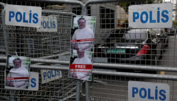 Pictures of Saudi journalist Jamal Khashoggi on security barriers during a protest outside the Saudi consulate in Istanbul, October 8 (Reuters/Murad Sezer)