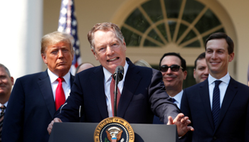 US Trade Representative Robert Lighthizer discusses the United States-Mexico-Canada Agreement alongside President Donald Trump and others (Reuters/Kevin Lamarque)
