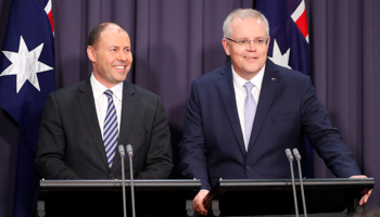 Australian Prime Minister Scott Morrison and his deputy Josh Frydenberg at a news conference in Canberra (Reuters/David Gray)