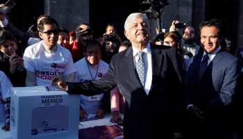 Mexico's President-Elect Andres Manuel Lopez Obrador casts his vote in a public consultation on the fate of a $13.3 billion USD Mexico City International Airport project, in Mexico City, Mexico October 25 (Reuters/Andres Stapff)