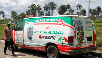 A van decorated with pictures of People’s Democratic Party presidential candidate and former Vice-President Atiku Abubakar (Reuters/Tife Owolabi)