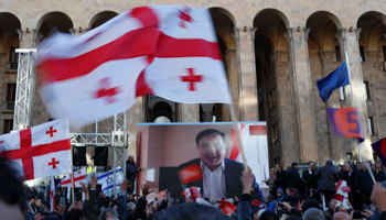 Former President Mikheil Saakashvili addresses supporters by video link during a post-election opposition rally in Tbilisi (Reuters/David Mdzinarishvili)