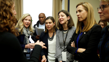 Representative-elect Abigail Spanberger (D-VA), Elissa Slotkin (D-MI), Elaine Luria (D-VA) and Mikie Sherrill (D-NJ) speak about their office assignments on Capitol Hill in Washington, November 30, 2018 (Reuters/Joshua Roberts)