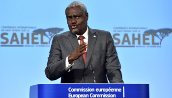 African Union (AU) Commission Chairperson Moussa Faki Mahamat at the International High Level Conference on the Sahel in February 2018 (Reuters/Eric Vidal)