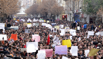 Thousands of students protest outside the Education Ministry in Tirana, December 11, 2018 (Reuters/Florion Goga)