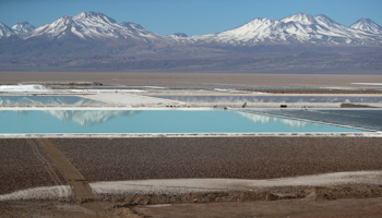 Brine pools from a lithium mine on the Atacama salt flat in Chile (Reuters/Ivan Alvarado)