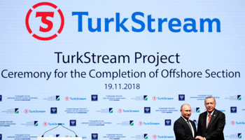 The Turkish and Russian presidents at the ceremony marking completion of the undersea section of the TurkStream gas pipeline, Istanbul, November 19 (Reuters/Murad Sezer)